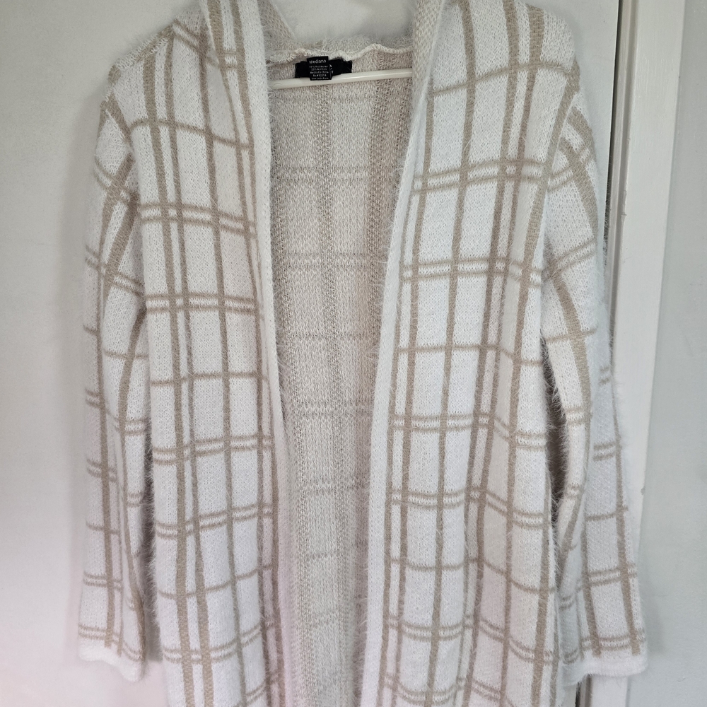 Love Ever After Cream Taupe Plaid Hooded Cardigan Cozy Open Front Sweater